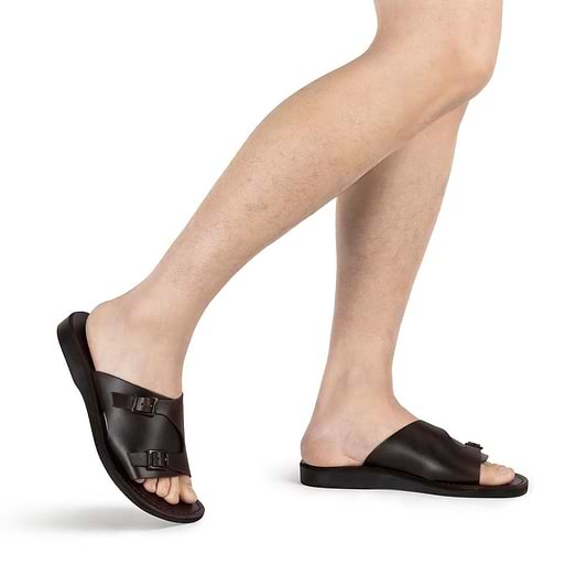 Model wearing Seth Brown, handmade leather slide sandals