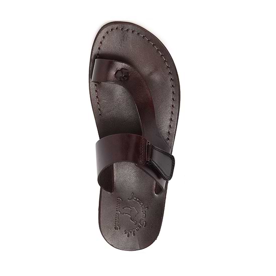 Rafael brown, handmade leather slide sandals with side velcro and toe loop - Top View