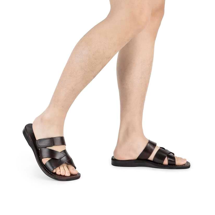 Rafael brown, handmade leather slide sandals with side velcro strap - Model View
