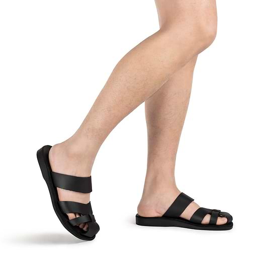Adino black, handmade leather sandal slide with enclosed toes - Model view