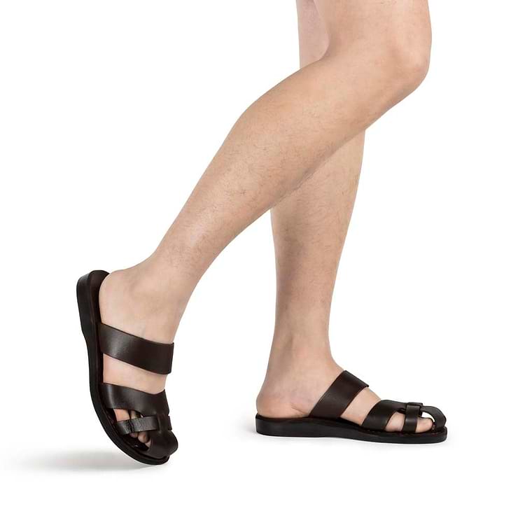 Adino brown, handmade leather sandals slide on with enclosed toes - Model view