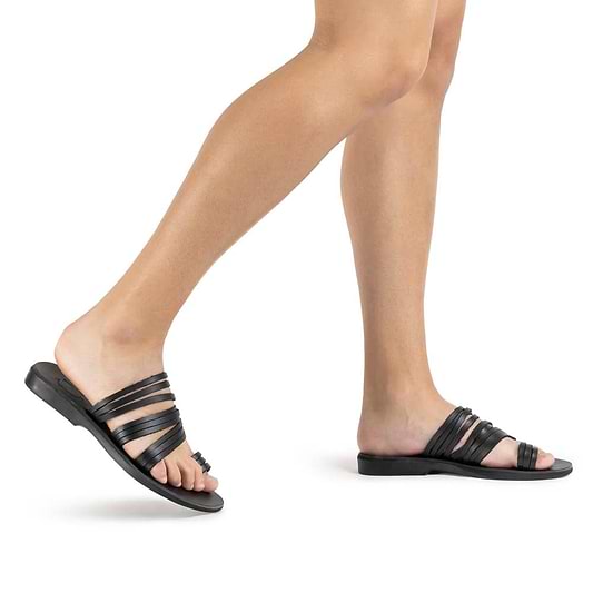Layla black, handmade leather slide sandals with toe loop - Model View