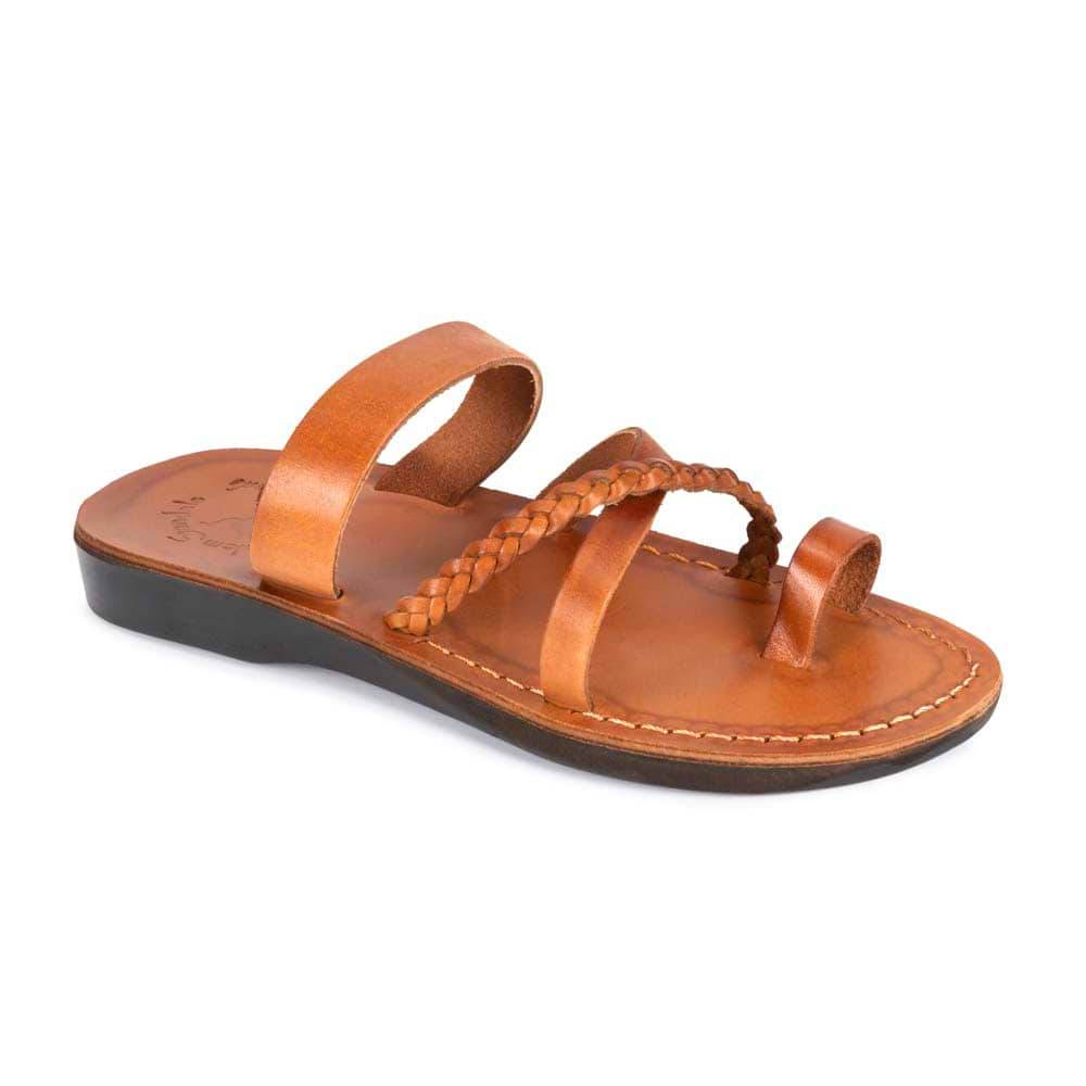 Sophia Honey, handmade leather sandals with toe loop and cross straps - Front View