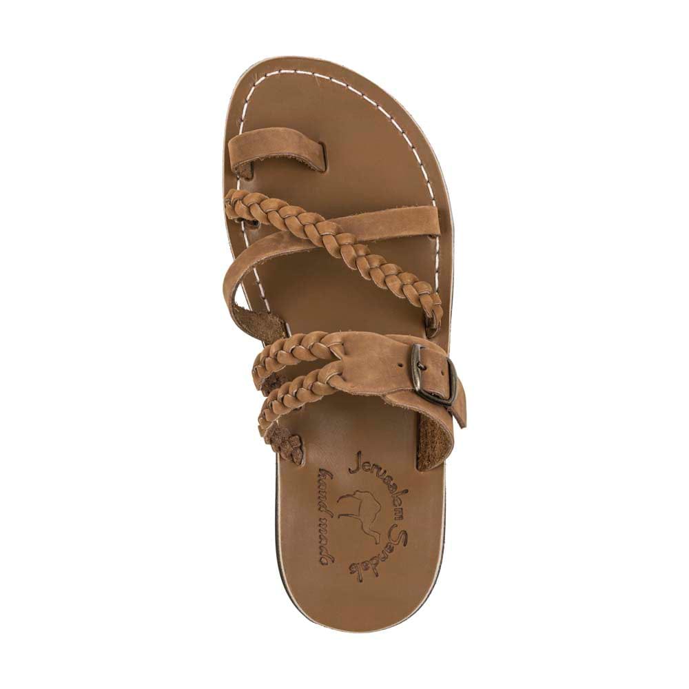 Sophia - Leather Braided Flat Sandal | Tan Nubuck - top view
