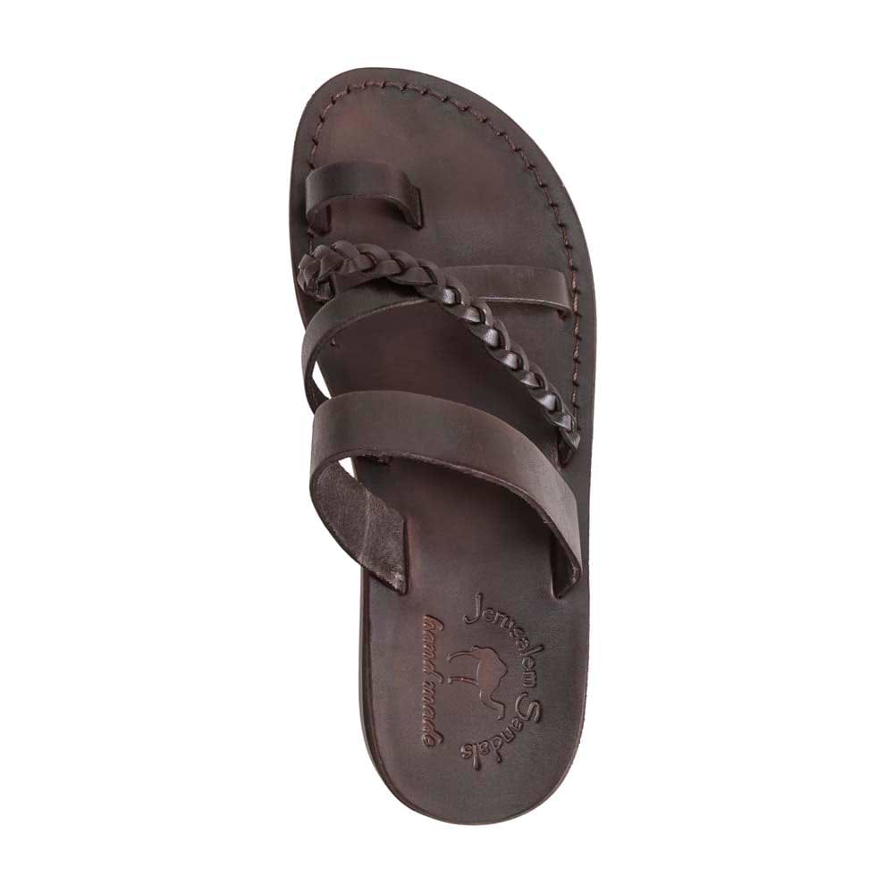 Sophia brown, handmade leather sandals with toe loop and cross straps - Up View