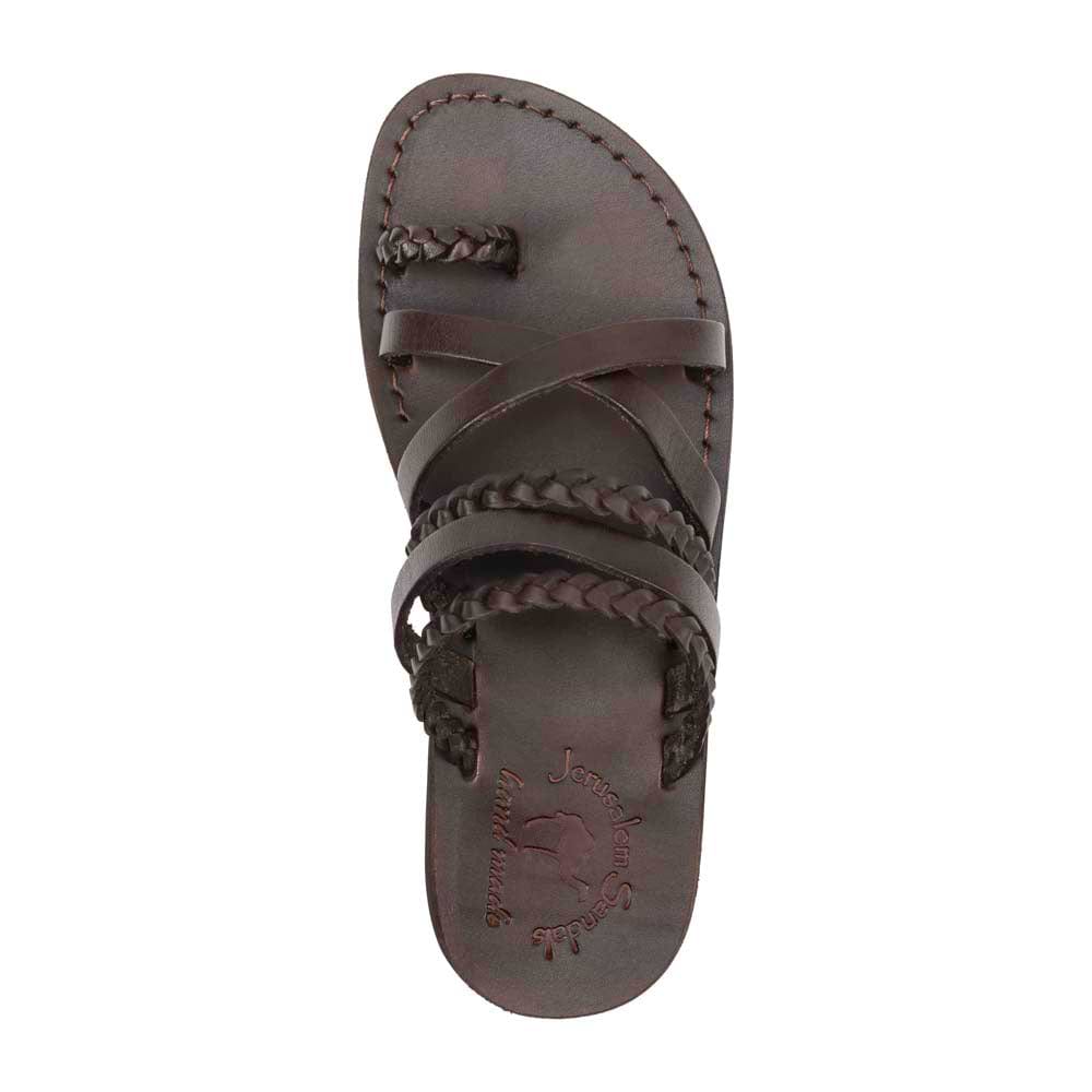 Uri brown, handmade leather slide sandals - up View