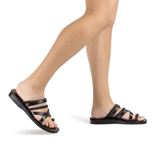 Uri brown, handmade leather slide sandals - model View