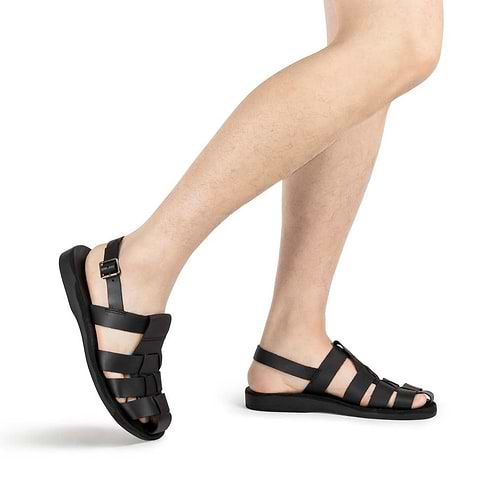 Michael Black, handmade leather sandals fisherman sandal silhouette. Model View