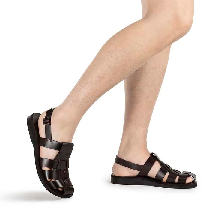 Michael Brown, handmade leather sandals fisherman sandal silhouette. Model View
