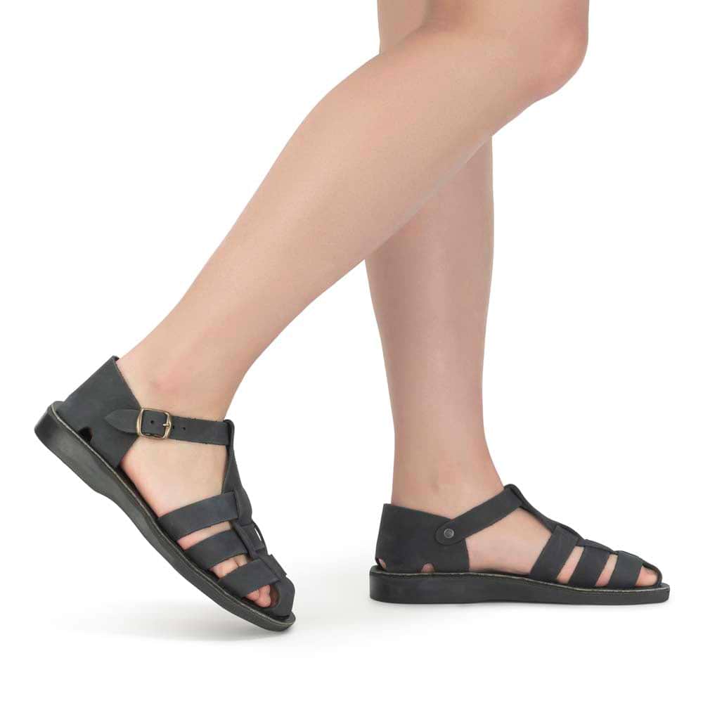 Model wearing Daniel - Leather Fisherman Sport Sandal | Black Nubuck - side view
