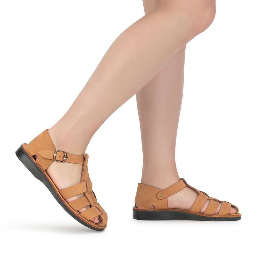 Model wearing Daniel Camel Brown Nubuck - Leather Fisherman Sport Sandal - side view