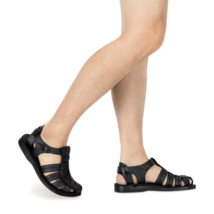 Model wearing Barak black, handmade leather sandals fisherman sandal silhouette