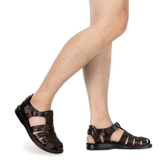 Model wearing Barak brown, handmade leather sandals fisherman sandal silhouette