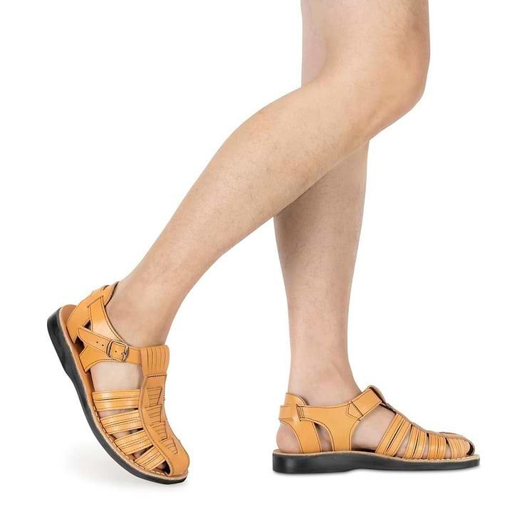 Model wearing Barak tan, handmade leather sandals fisherman sandal silhouette