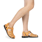 Model wearing Barak tan, handmade leather sandals fisherman sandal silhouette