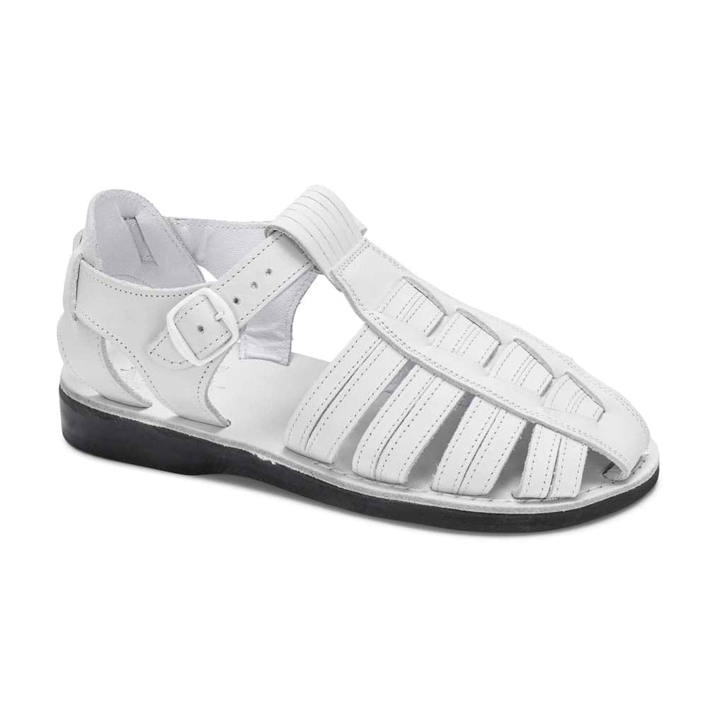 Barak White, handmade leather sandals fisherman sandal silhouette. Front View