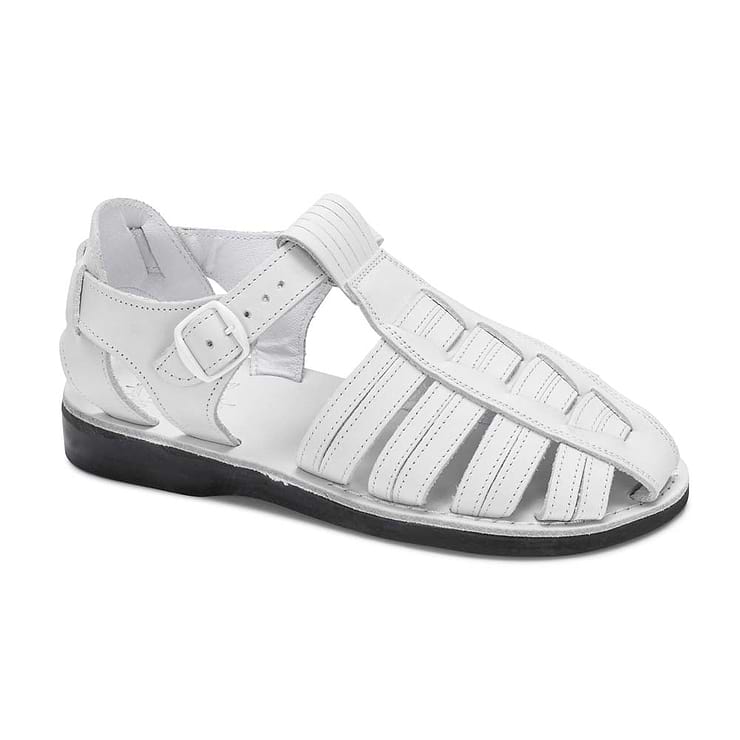 Barak White, handmade leather sandals fisherman sandal silhouette. Front View