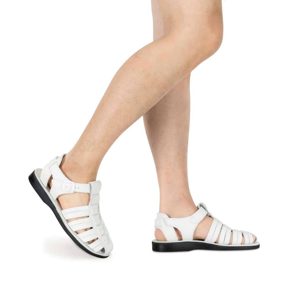 Model wearing Barak white, handmade leather sandals fisherman sandal silhouette