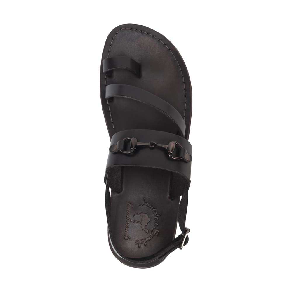 Eliphaz brown, handmade leather sandals with back strap and toe loop, up view