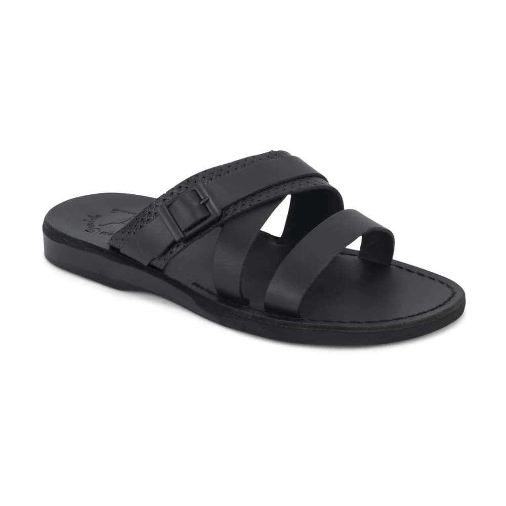 Jason black, handmade leather sandals - front view