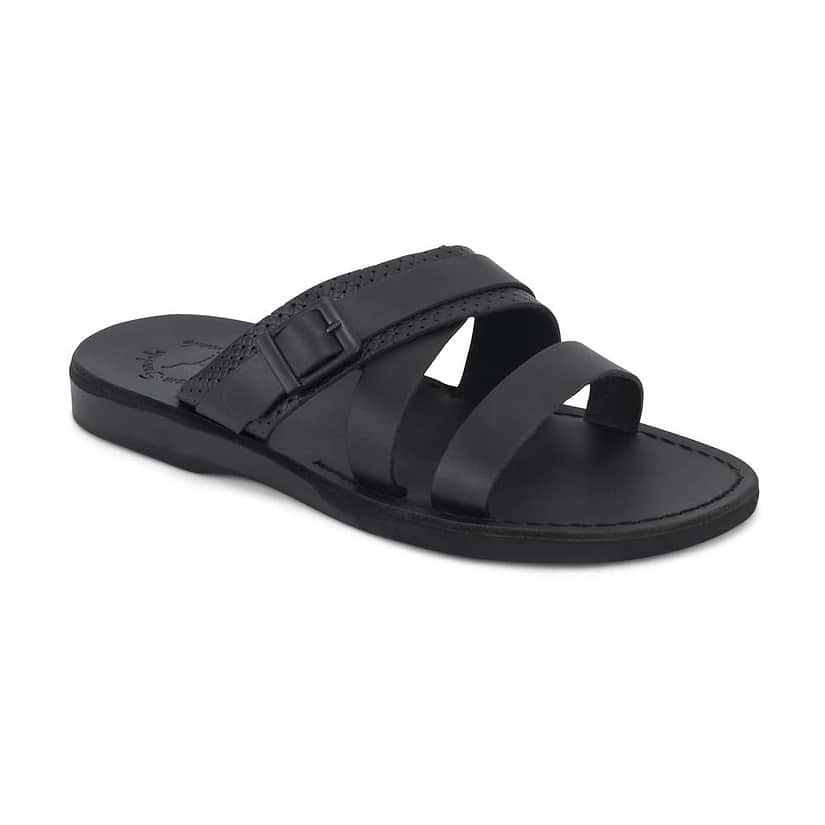 Jason black, handmade leather sandals - front view
