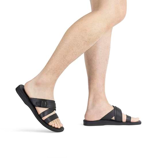 Model wearing Jason black, handmade leather sandals 
