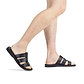 Model wearing Micah black, handmade leather slide sandals