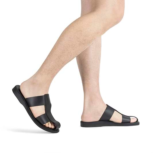 Genesis black, handmade leather sandal slide with enclosed toes - Model view