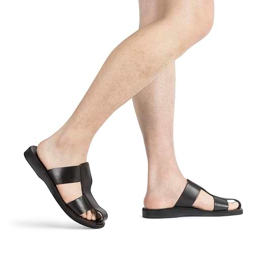 Genesis brown, handmade leather sandals slide on with enclosed toes - Model view
