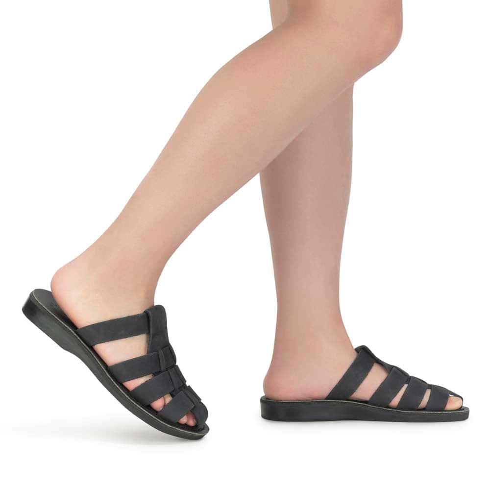 Model wearing Michael Slide Black Nubuck - Leather Pacific Slide Sandal - side view