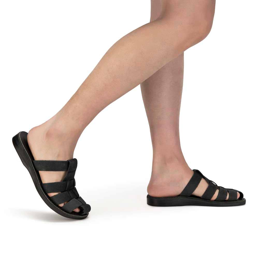 Model wearing Michael Slide Black Nubuck closed toe leather sandal - Side View