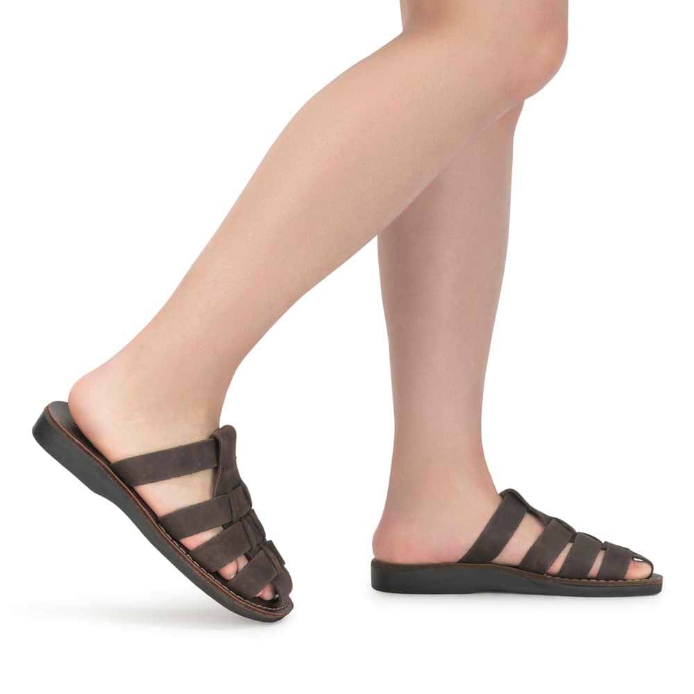 Model wearing Michael Slide Brown Nubuck - Leather Pacific Slide Sandal - side view