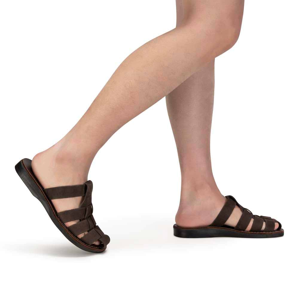 Model wearing Michael Slide Brown Nubuck closed toe leather sandal - Side View