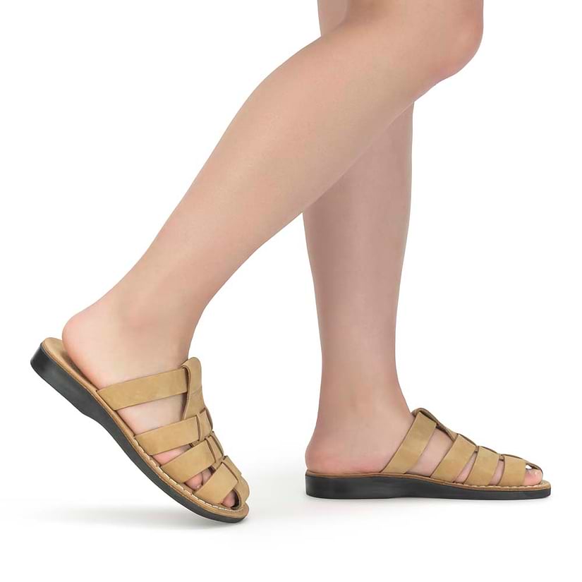 Model wearing Michael Slide yellow nubuck leather pacific slide sandal - side view