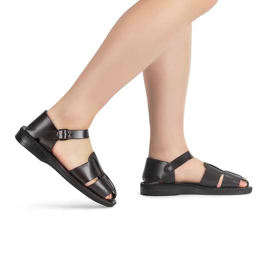 Model wearing Gemma brown, handmade leather sandals fisherman sandal silhouette