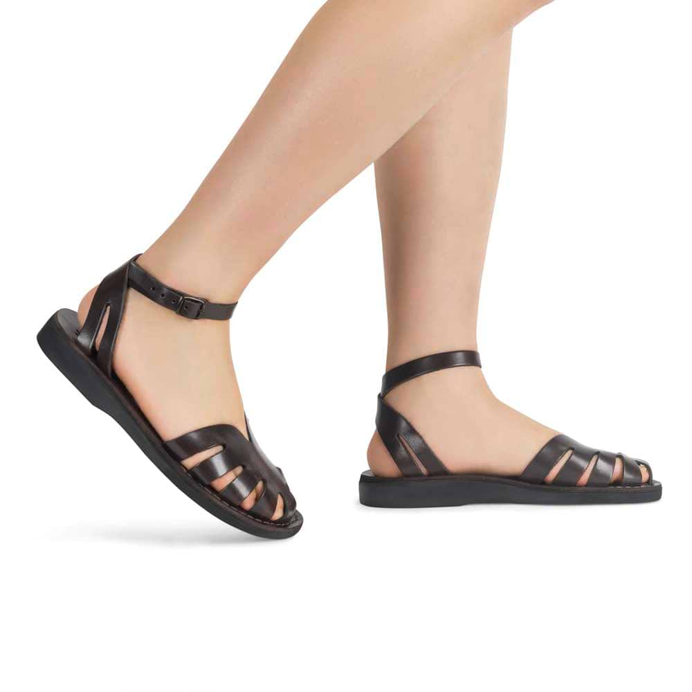 Model wearing Olivia brown, handmade leather sandals fisherman sandal silhouette