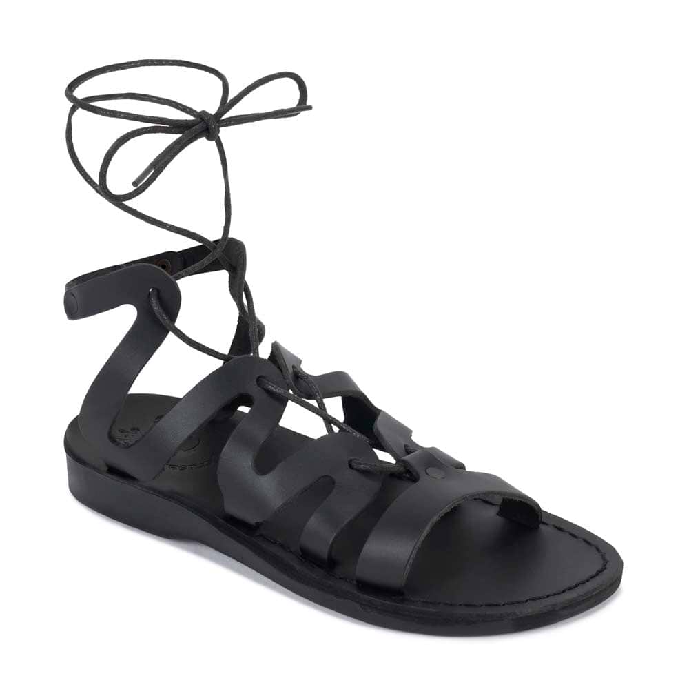 Emma black, handmade leather sandals with back strap and toe loop - Front View