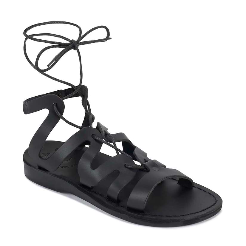 Emma black, handmade leather sandals with back strap and toe loop - Front View