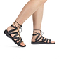 Model wearing Emma black, handmade leather sandals with back strap and toe loop