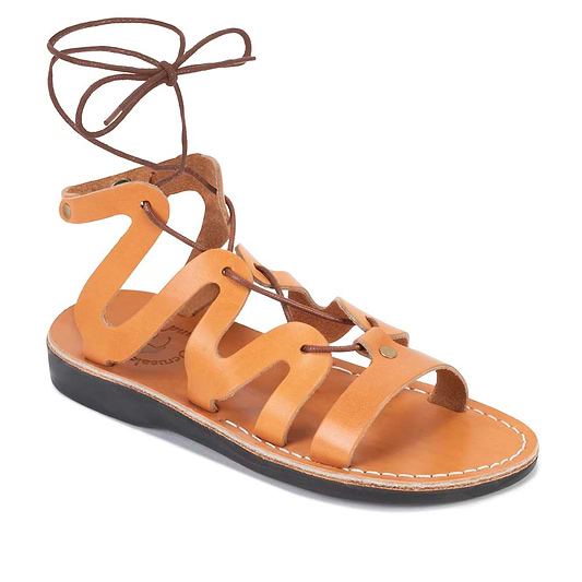 Emma tan, handmade leather sandals with back strap and toe loop - Front View