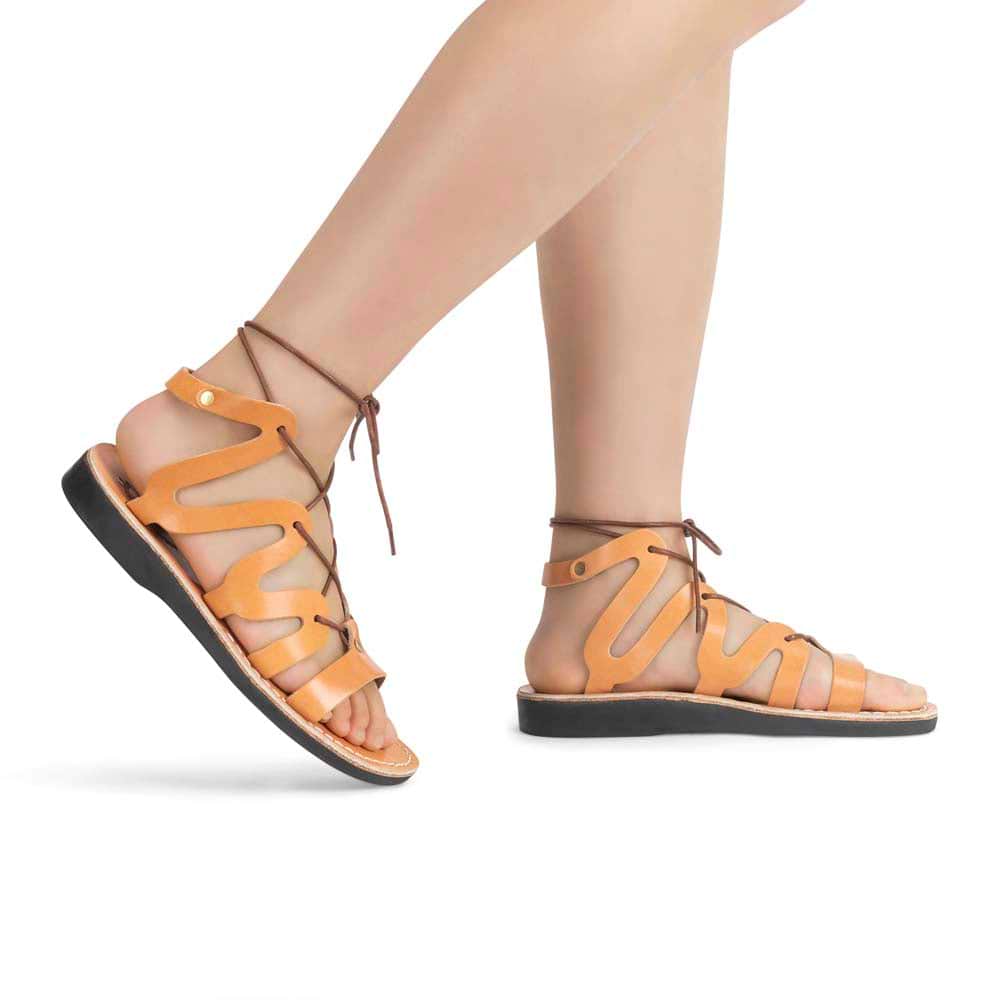 Emma tan, handmade leather sandals with back strap and toe loop - Model View