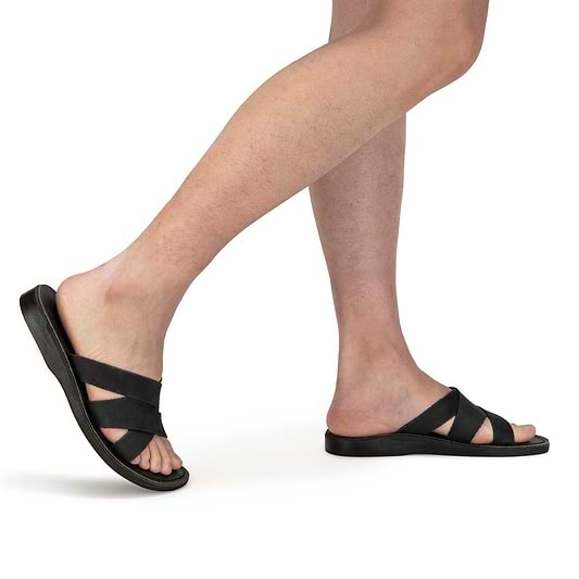 Model wearing Axel Black Nubuck Leather Sandal - Side View
