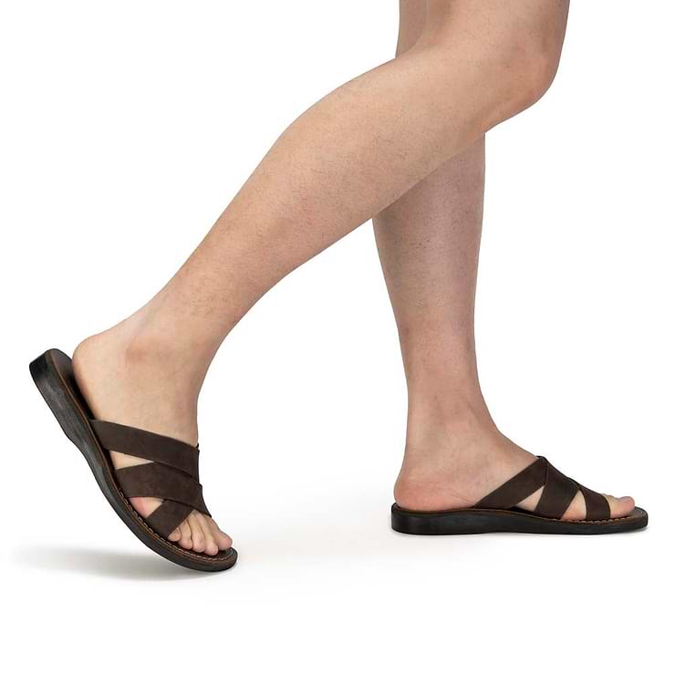 Model wearing Axel Brown Nubuck Leather Sandal - Side View