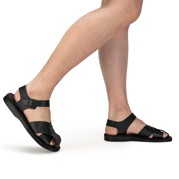 Model wearing Kai Black Leather Sandal - Side View