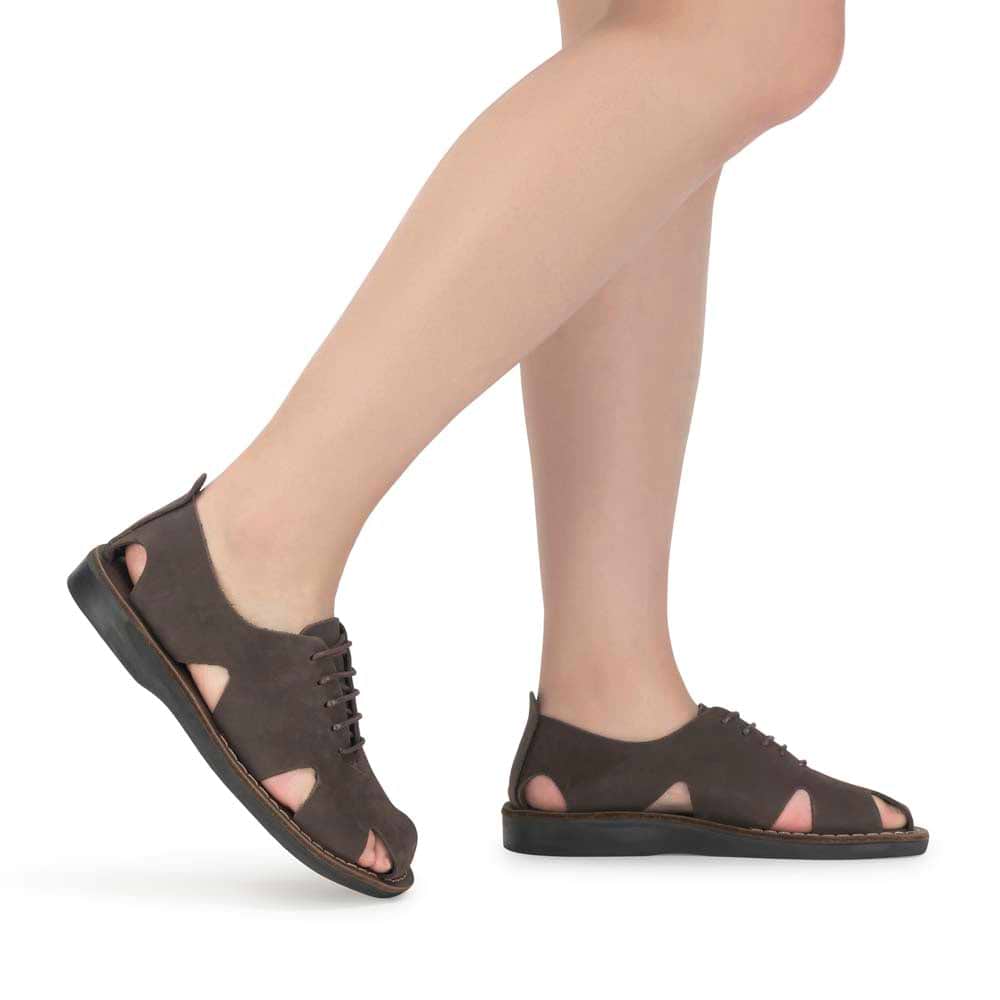 Model wearing River Brown Nubuck leather lace-up sandal - side view