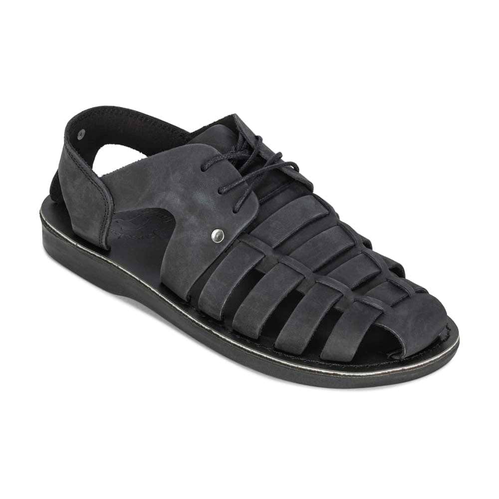 Model wearing Elliot Black Nubuck Leather Sandals - front View