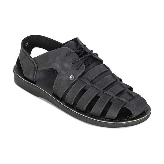 Model wearing Elliot Black Nubuck Leather Sandals - front View