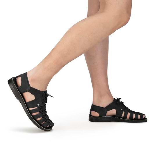 Model wearing Elliot Black Nubuck Leather Sandals - Side View