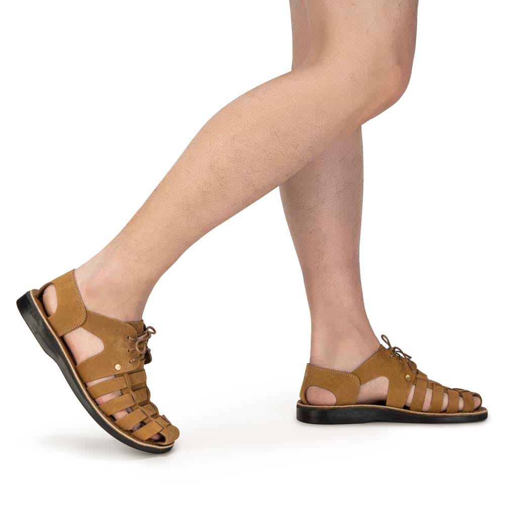 Model wearing Elliot Tan Nubuck Leather Sandal - Side View