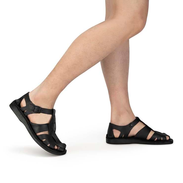 Model wearing Finn Black Leather Sandal - Side View